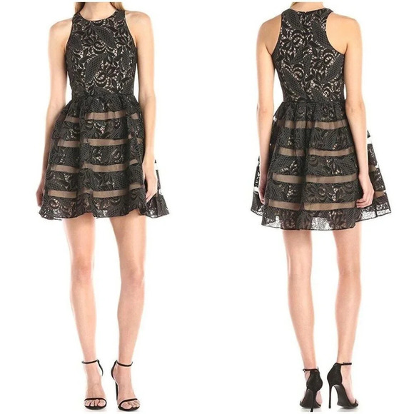 Aidan Mattox Black Beige A-Line Cocktail Dress $458 - Picture 1 of 13